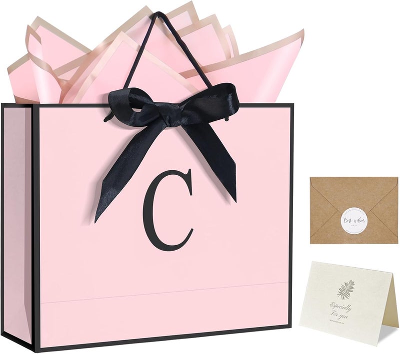 QLSKO Personalized Initial Paper Bag for Women Grils,Monogrammed Gift Bag with Bow Ribbon,Wrapping Tissue and Card Matching Envelope Sticker (Pink, C-Medium) - Image 1